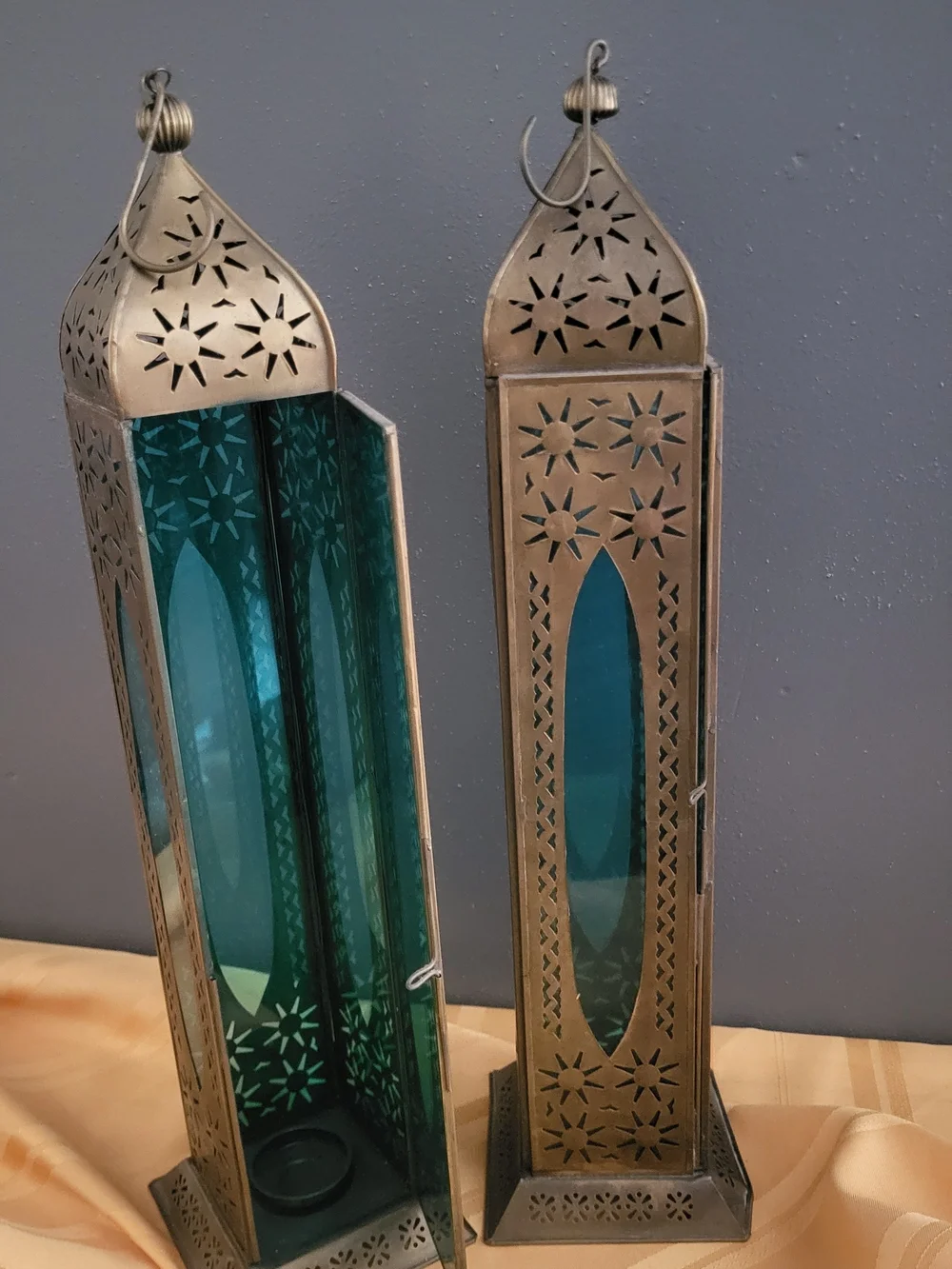 Decorative Brass Lanterns with Teal Glass Panels - Set of 2